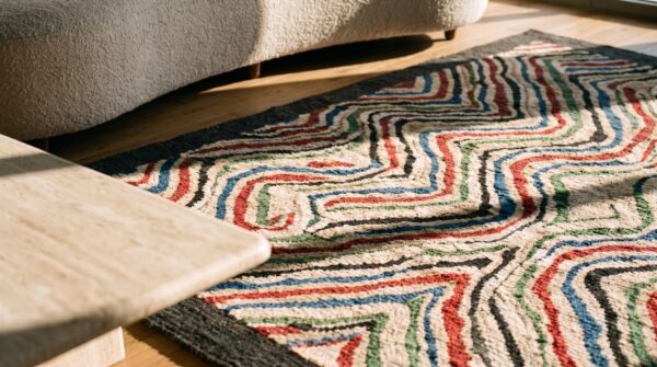 Room size antique artistic abstract modernist american folk art hooked rug 4 Room size antique artistic abstract modernist american folk art hooked rug (sku 19474) - in-room detail