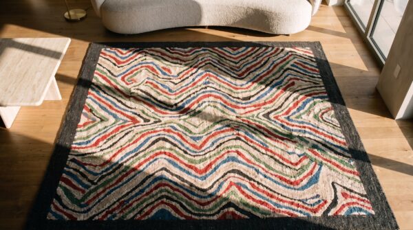 Room size antique artistic abstract modernist american folk art hooked rug 2 Room size antique artistic abstract modernist american folk art hooked rug (sku 19474) - styled overhead view