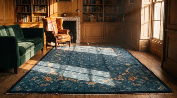 Room size blue chinese knotted 1890s antique wool rectangle - peking rug 7 Room size blue chinese knotted 1890s antique wool rectangle - peking rug (sku 22966) - room view