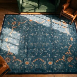 Room Size Blue Chinese Knotted 1890s Antique Wool Rectangle - Peking Rug (SKU 22966) - styled overhead view