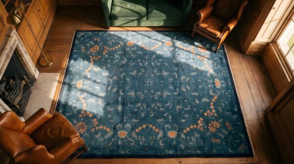 Room size blue chinese knotted 1890s antique wool rectangle - peking rug 2 Room size blue chinese knotted 1890s antique wool rectangle - peking rug (sku 22966) - styled overhead view