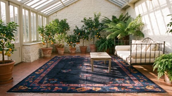Antique room size blue wool chinese - peking knotted 1920s rectangle rug 5 Antique room size blue wool chinese - peking knotted 1920s rectangle rug (sku 24464) - room view