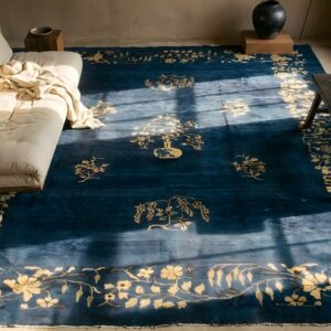 Room Size Antique Knotted Blue Chinese Wool Rectangle - Peking 1920s Rug (SKU 25429) - styled overhead view
