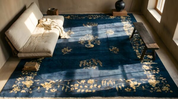 Room size antique knotted blue chinese wool rectangle - peking 1920s rug 2 Room size antique knotted blue chinese wool rectangle - peking 1920s rug (sku 25429) - styled overhead view