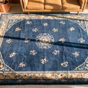 Antique Room Size Knotted Wool Blue Rectangle 1900s Chinese - Peking Rug (SKU 23378) - styled overhead view