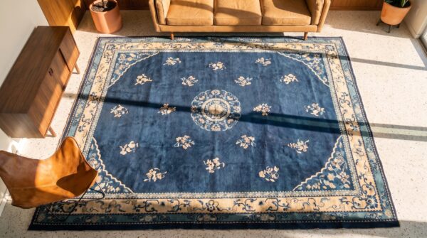 Antique room size knotted wool blue rectangle 1900s chinese - peking rug 2 Antique room size knotted wool blue rectangle 1900s chinese - peking rug (sku 23378) - styled overhead view