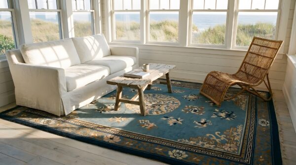 Wool room size antique chinese 1880s knotted rectangle blue - peking rug 5 Wool room size antique chinese 1880s knotted rectangle blue - peking rug (sku 25668) - room view