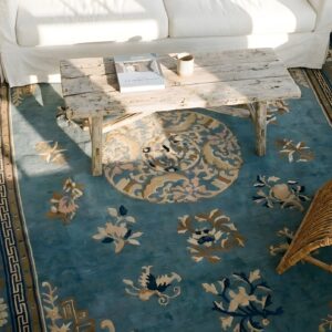 Wool Room Size Antique Chinese 1880s Knotted Rectangle Blue - Peking Rug (SKU 25668) - styled overhead view
