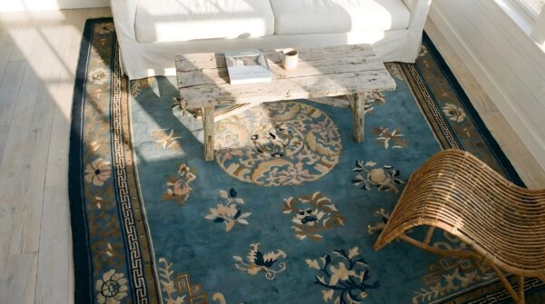 Wool room size antique chinese 1880s knotted rectangle blue - peking rug 2 Wool room size antique chinese 1880s knotted rectangle blue - peking rug (sku 25668) - styled overhead view