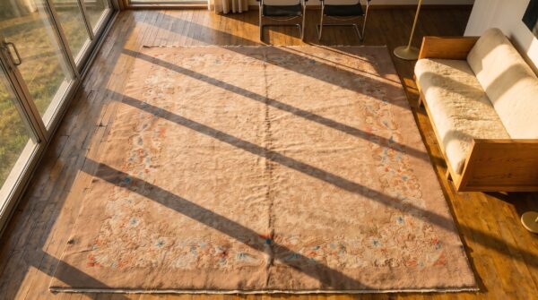 Wool knotted antique room size chinese - art deco 1920s rectangle rug 2 Wool knotted antique room size chinese - art deco 1920s rectangle rug (sku 22357) - styled overhead view