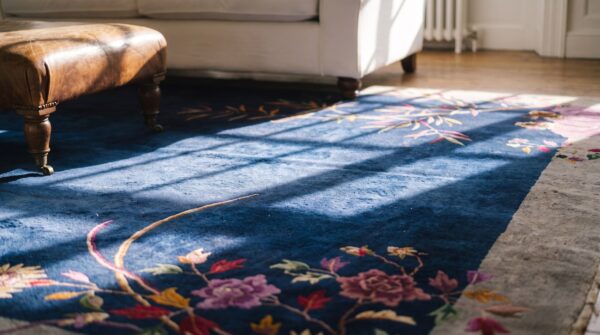 Room size chinese - art deco antique 1920s rectangle knotted wool blue rug 11 Room size chinese - art deco antique 1920s rectangle knotted wool blue rug (sku 25474) - in-room detail