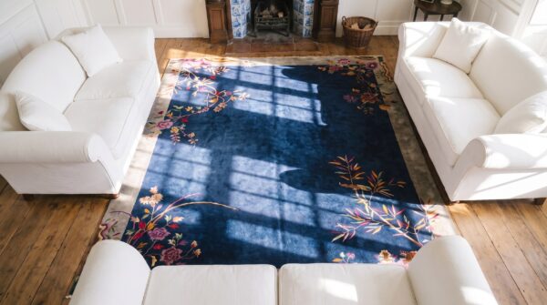 Room size chinese - art deco antique 1920s rectangle knotted wool blue rug 2 Room size chinese - art deco antique 1920s rectangle knotted wool blue rug (sku 25474) - styled overhead view