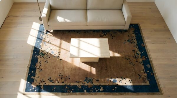 Antique wool pile room size chinese art deco design area rug 2 Antique wool pile room size chinese art deco design area rug (sku 23355) - styled overhead view