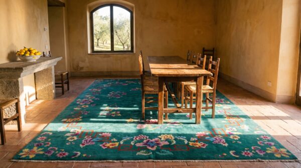 Wool room size chinese art deco green antique 1920s rectangle knotted rug 7 Wool room size chinese art deco green antique 1920s rectangle knotted rug (sku 25716) - room view