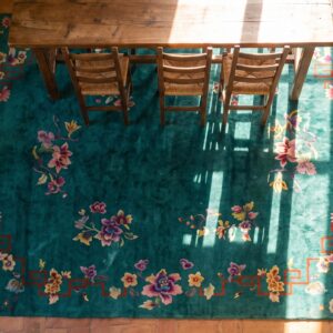 Wool Room Size Chinese Art Deco Green Antique 1920s Rectangle Knotted Rug (SKU 25716) - styled overhead view