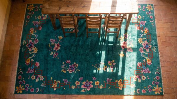 Wool room size chinese art deco green antique 1920s rectangle knotted rug 2 Wool room size chinese art deco green antique 1920s rectangle knotted rug (sku 25716) - styled overhead view