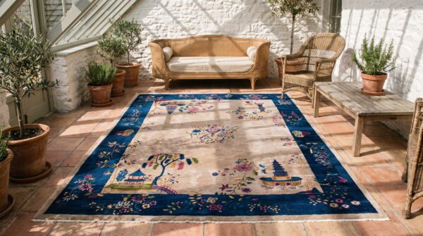 Room size chinese - art deco wool ivory knotted antique rectangle 1920s rug 7 Room size chinese - art deco wool ivory knotted antique rectangle 1920s rug (sku 22557) - room view