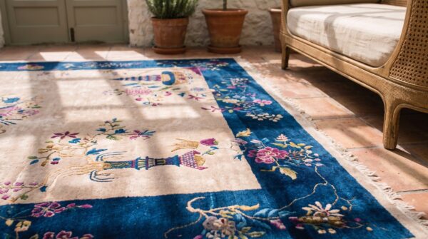 Room size chinese - art deco wool ivory knotted antique rectangle 1920s rug 8 Room size chinese - art deco wool ivory knotted antique rectangle 1920s rug (sku 22557) - in-room detail