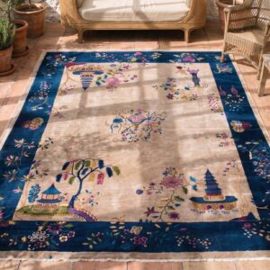 Room Size Chinese - Art Deco Wool Ivory Knotted Antique Rectangle 1920s Rug (SKU 22557) - styled overhead view