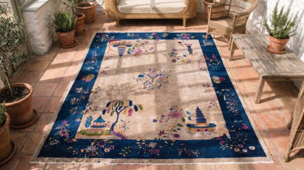Room size chinese - art deco wool ivory knotted antique rectangle 1920s rug 2 Room size chinese - art deco wool ivory knotted antique rectangle 1920s rug (sku 22557) - styled overhead view