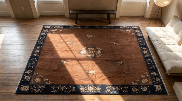 Antique room size chinese earth tone color peking rug 2 Antique room size chinese earth tone color peking rug (sku 23121) - styled overhead view