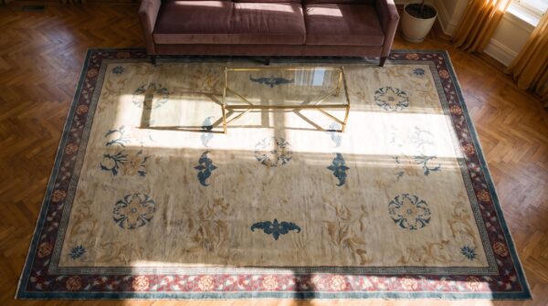 Antique room size chinese influenced indian amritsar rug 2 Antique room size chinese influenced indian amritsar rug (sku 25265) - styled overhead view