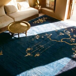 Room Size Knotted Wool Chinese - Peking Rectangle 1920s Blue Antique Rug (SKU 25452) - styled overhead view