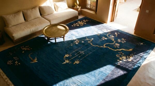 Room size knotted wool chinese - peking rectangle 1920s blue antique rug 2 Room size knotted wool chinese - peking rectangle 1920s blue antique rug (sku 25452) - styled overhead view
