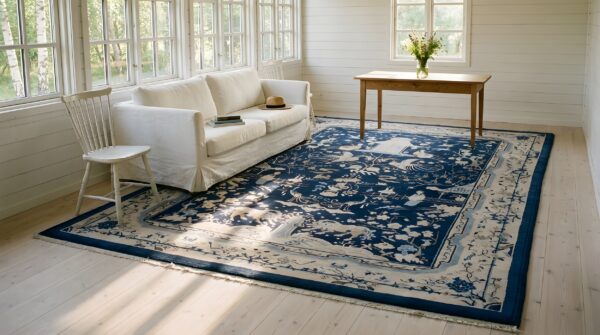 Room size chinese antique knotted - peking rectangle blue 1920s wool rug 7 Room size chinese antique knotted - peking rectangle blue 1920s wool rug (sku 25402) - room view