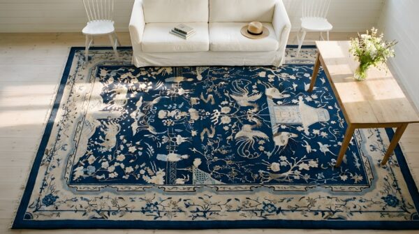 Room size chinese antique knotted - peking rectangle blue 1920s wool rug 2 Room size chinese antique knotted - peking rectangle blue 1920s wool rug (sku 25402) - styled overhead view