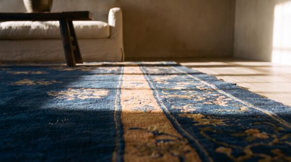 Room size chinese rectangle knotted wool antique - peking 1930s blue rug 9 Room size chinese rectangle knotted wool antique - peking 1930s blue rug (sku 23415) - in-room detail