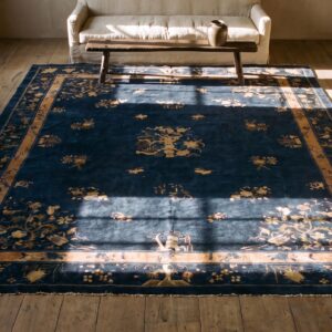 Room Size Chinese Rectangle Knotted Wool Antique - Peking 1930s Blue Rug (SKU 23415) - styled overhead view