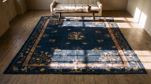 Room size chinese rectangle knotted wool antique - peking 1930s blue rug 2 Room size chinese rectangle knotted wool antique - peking 1930s blue rug (sku 23415) - styled overhead view