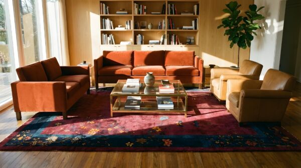 Room size chinese red - art deco rectangle antique 1920s wool knotted rug (sku 25419) - room view