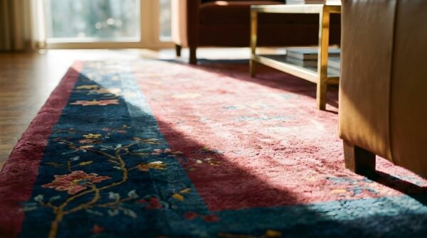 Room size chinese red - art deco rectangle antique 1920s wool knotted rug (sku 25419) - in-room detail