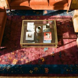 Room Size Chinese Red - Art Deco Rectangle Antique 1920s Wool Knotted Rug (SKU 25419) - styled overhead view