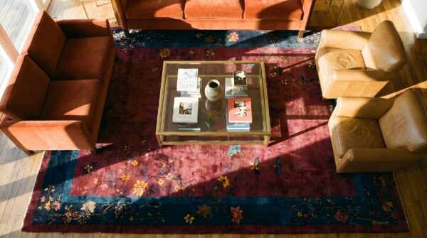 Room size chinese red - art deco rectangle antique 1920s wool knotted rug (sku 25419) - styled overhead view
