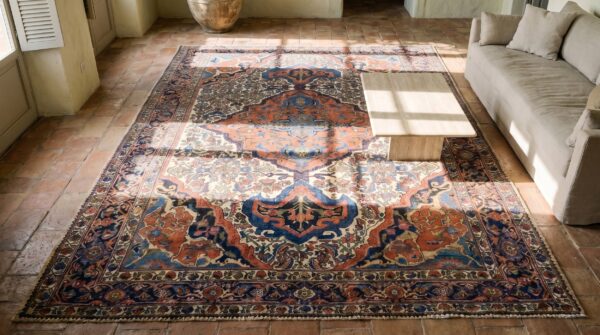 Room size antique classic persian anchor medallion bidjar rug 2 Room size antique classic persian anchor medallion bidjar rug (sku 17715) - styled overhead view