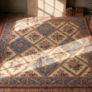 Room Size Colorful Jewel Tone European Floral Pattern Victorian English Needlepoint Rug (SKU 18510) - styled overhead view