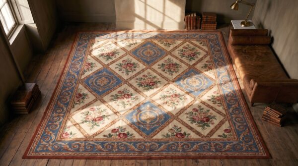 Room size colorful jewel tone european floral pattern victorian english needlepoint rug 2 Room size colorful jewel tone european floral pattern victorian english needlepoint rug (sku 18510) - styled overhead view