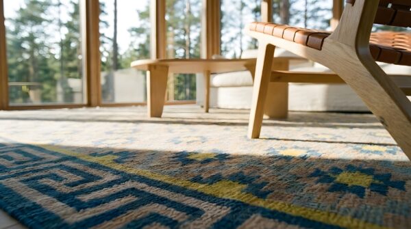 Room size antique cotton dhurrie flat weave tribal geometric rug 9 Room size antique cotton dhurrie flat weave tribal geometric rug (sku 24981) - in-room detail