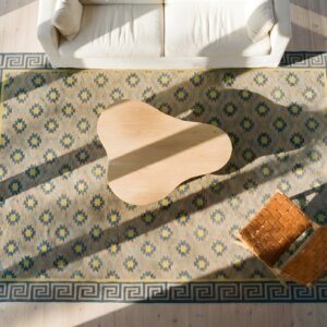 Room Size Antique Cotton Dhurrie Flat Weave Tribal Geometric Rug (SKU 24981) - styled overhead view