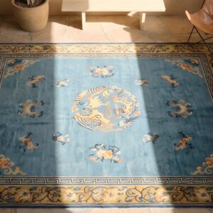 Room Size Early 20th Century Floral Light Blue Antique Chinese Peking Animal Rug (SKU 22950) - styled overhead view