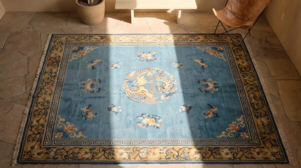 Room size early 20th century floral light blue antique chinese peking animal rug 2 Room size early 20th century floral light blue antique chinese peking animal rug (sku 22950) - styled overhead view