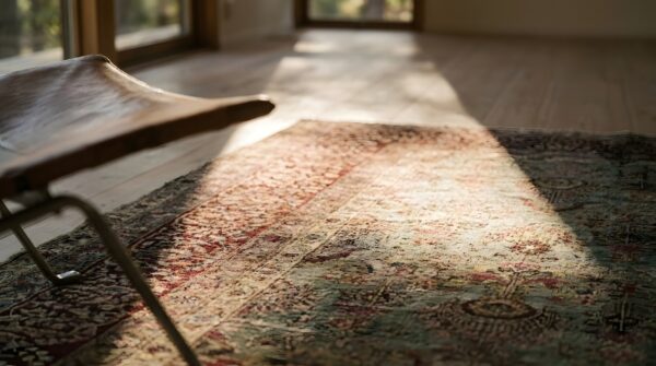 Antique room size fine floral pattern persian gray blue kerman rug 9 Antique room size fine floral pattern persian gray blue kerman rug (sku 25698) - in-room detail