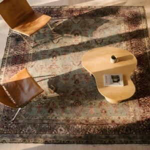 Antique Room Size Fine Floral Pattern Persian Gray Blue Kerman Rug (SKU 25698) - styled overhead view