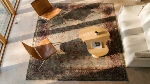 Antique room size fine floral pattern persian gray blue kerman rug 2 Antique room size fine floral pattern persian gray blue kerman rug (sku 25698) - styled overhead view