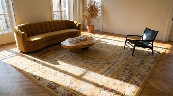 Room size antique floral with geometric medallion design french aubusson rug 10 Room size antique floral with geometric medallion design french aubusson rug (sku 25631) - room view