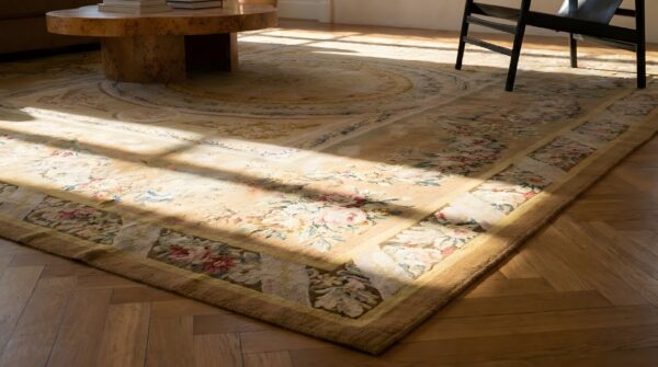 Room size antique floral with geometric medallion design french aubusson rug 11 Room size antique floral with geometric medallion design french aubusson rug (sku 25631) - in-room detail