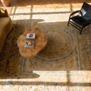 Room Size Antique Floral With Geometric Medallion Design French Aubusson Rug (SKU 25631) - styled overhead view